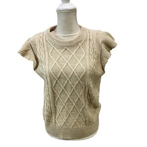On Twelfth Cable‎ Knit Sweater Vest Ruffled Cap Sleeve Shoulder Pads Beige Boho
